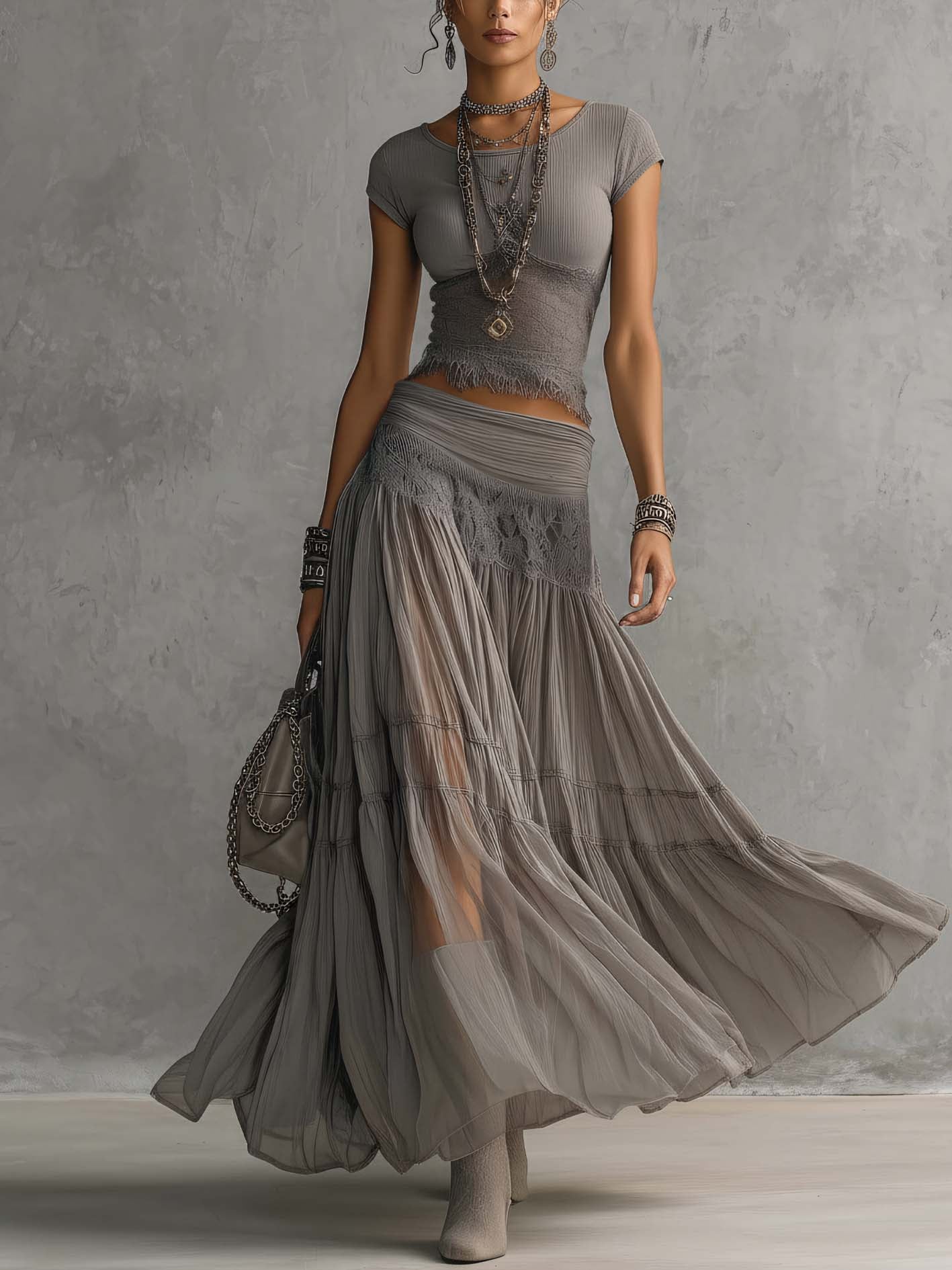 Ensemble Femme 2 Pièces avec Jupe Longue Plissée Fluide