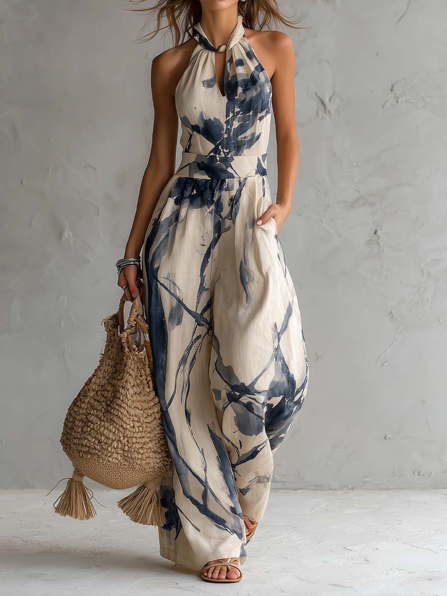 Women's Wide Leg Halter Jumpsuit with Artistic Print