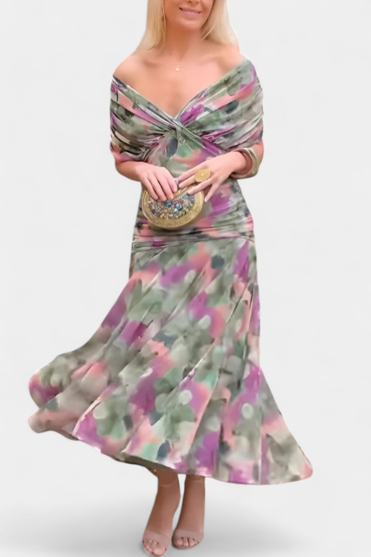 Robe Midi Femme à Épaules Dégagées et Jupe Fluide