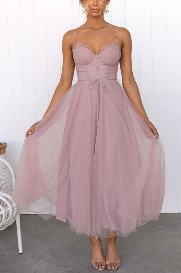 Women's Tulle Midi Dress with Spaghetti Straps