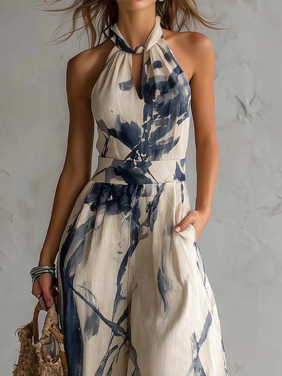 Women's Wide Leg Halter Jumpsuit with Artistic Print
