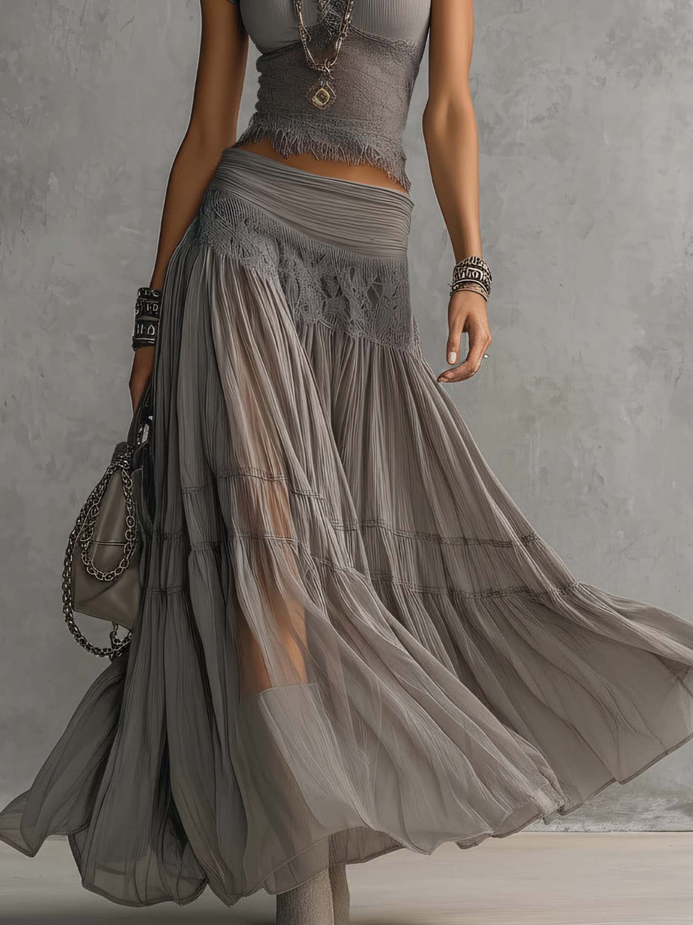 Ensemble Femme 2 Pièces avec Jupe Longue Plissée Fluide