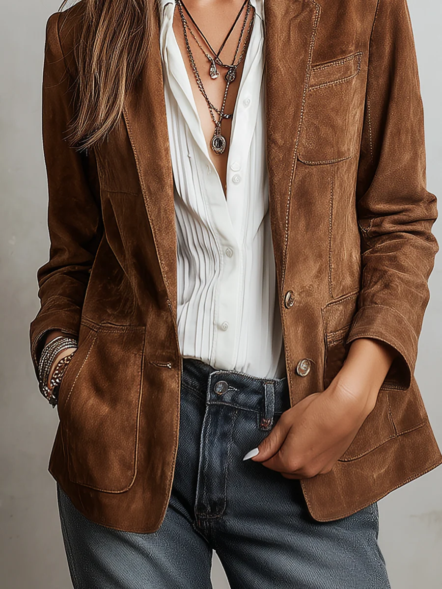 Anezka - Women's Suede Blazer with Button Front