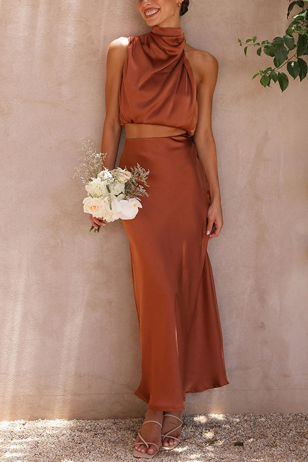 Ensemble Deux Pièces Satiné à Col Halter pour Femme Tenue de Soirée à Dos Nu