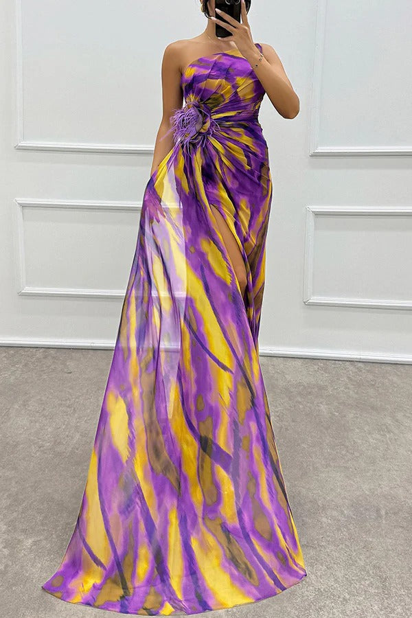Sophia - Rochie maxi pentru damă, cu umăr deschis, cu imprimeu