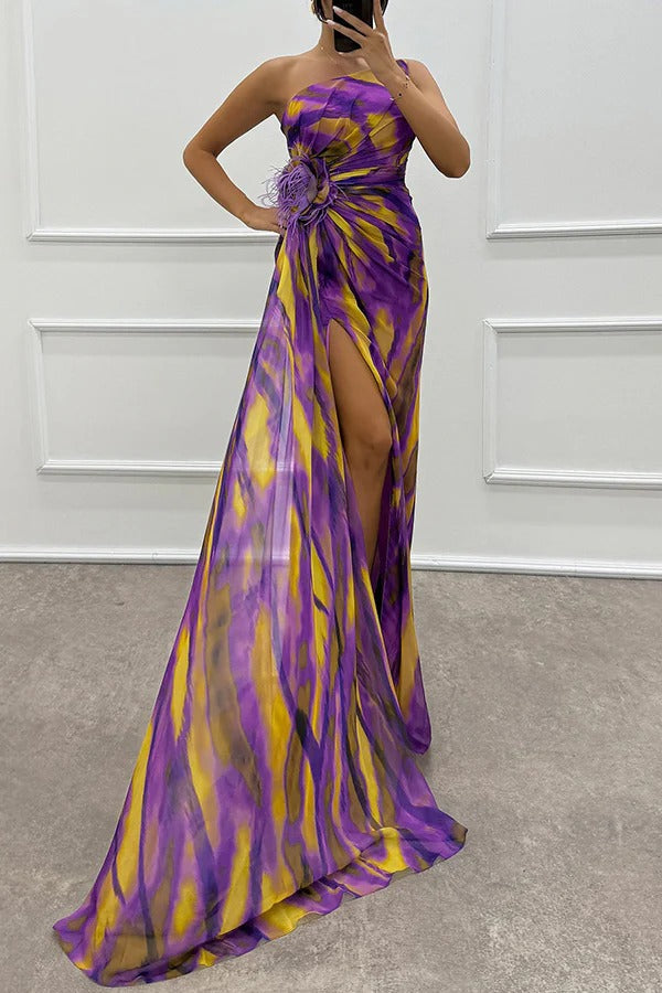 Sophia - Rochie maxi pentru damă, cu umăr deschis, cu imprimeu