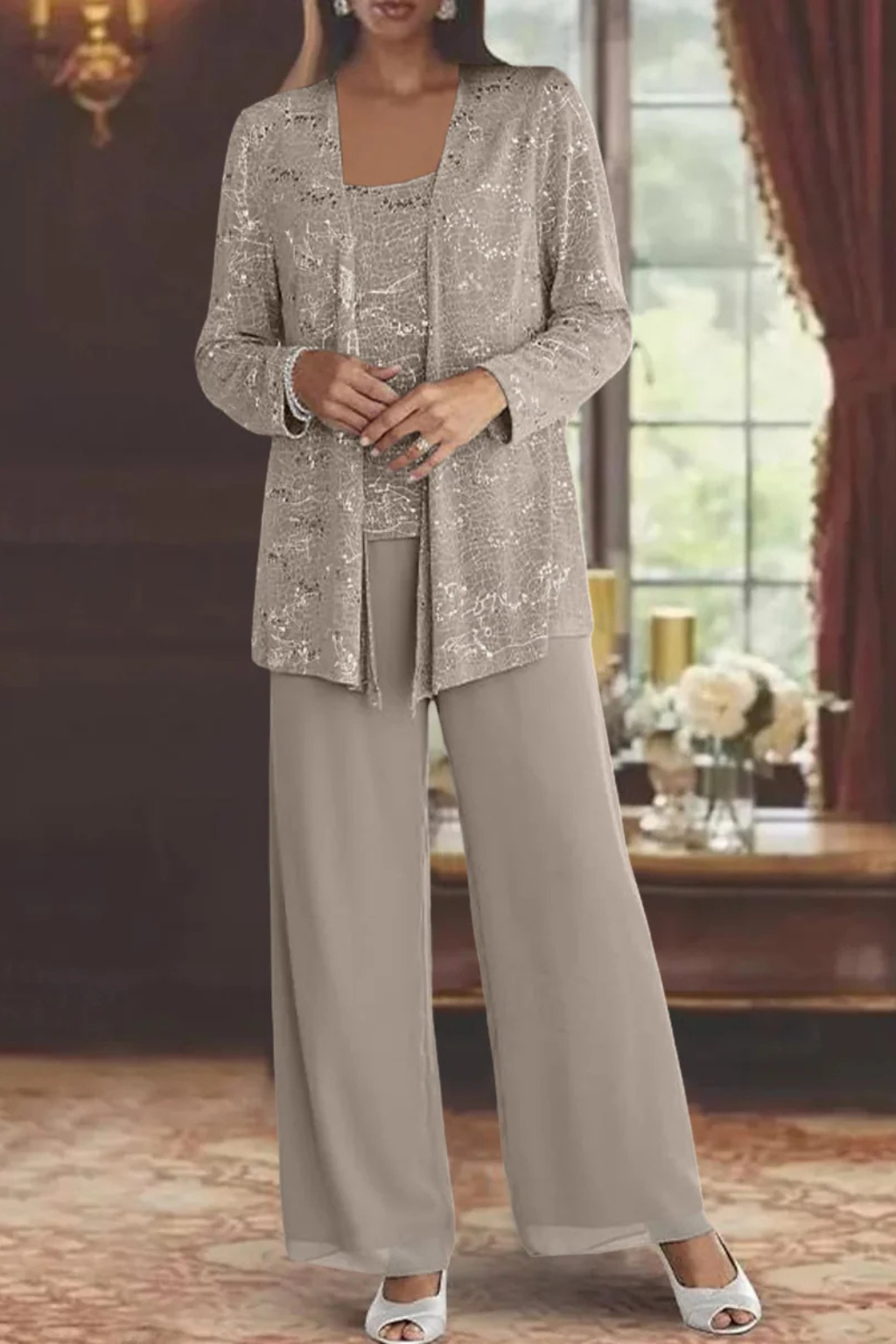 Women's Sequin Lace Three Piece Trouser Suit Wide Leg