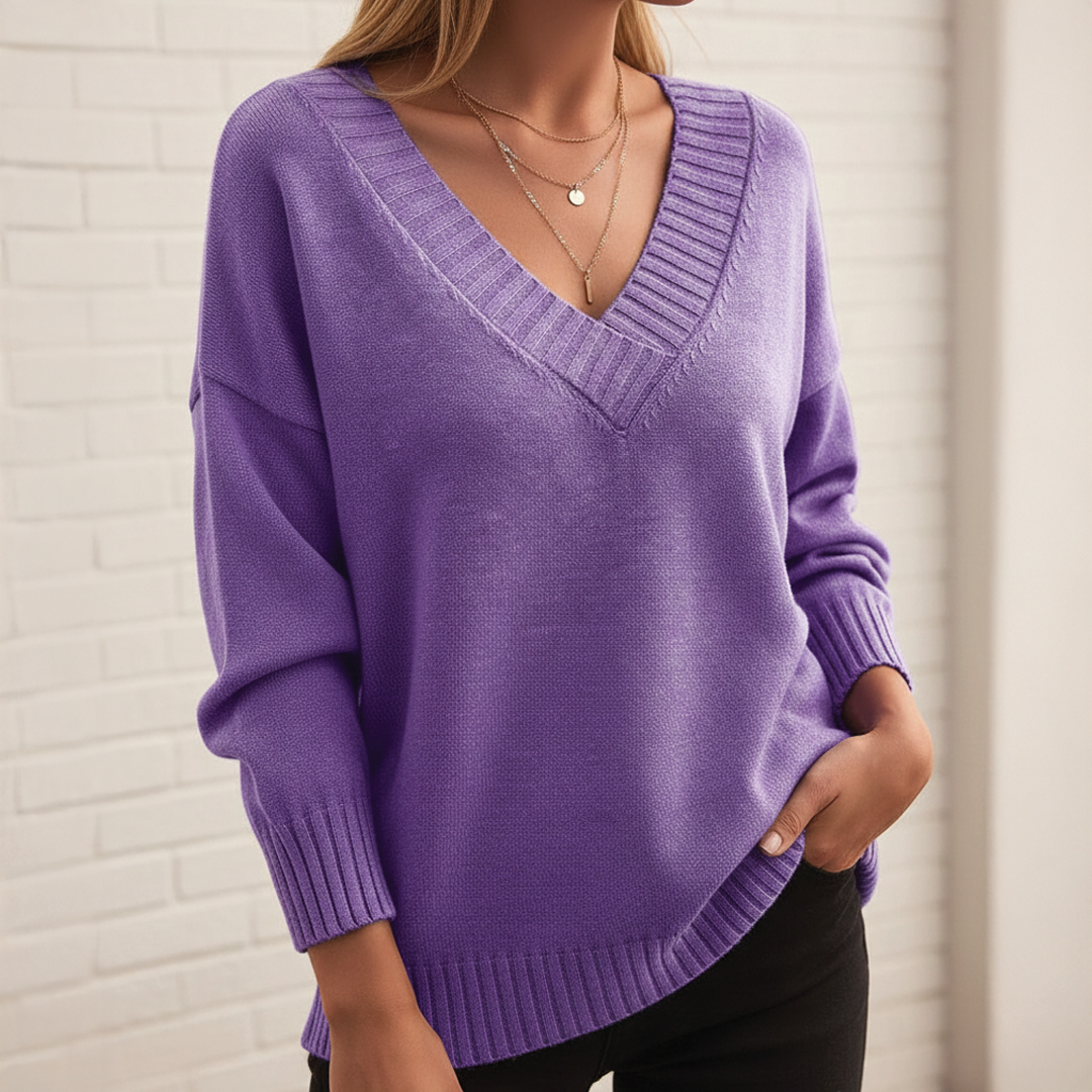 Women's V-Neck Sweater with Fluid Drape