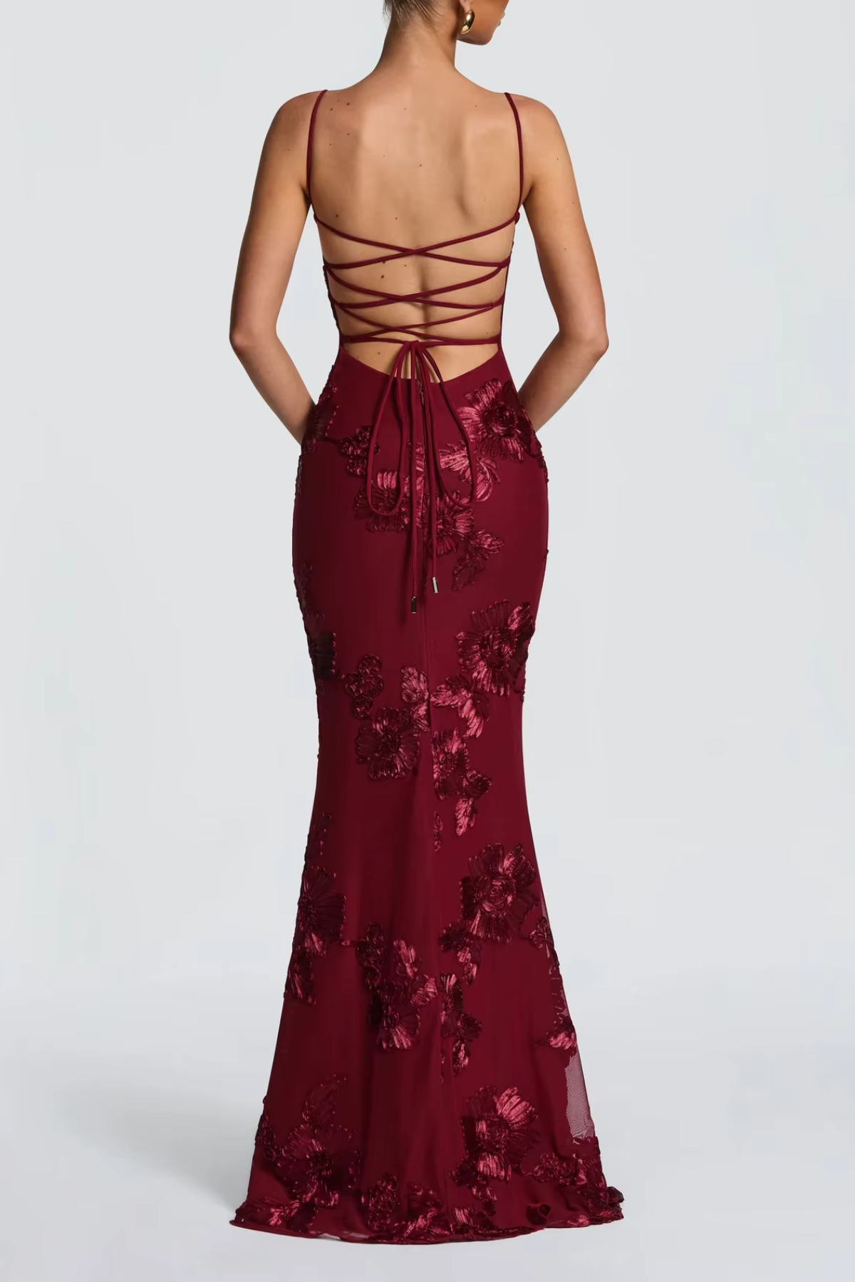 Women's Wedding Guest Floral Sheath Maxi Dress with Lace-Up Back