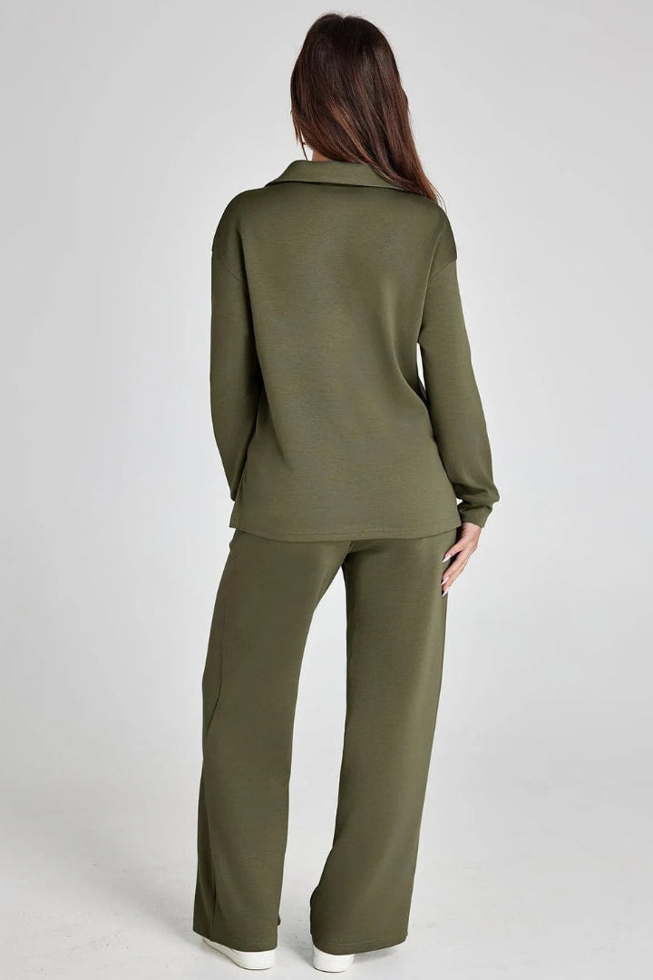 Women's Lounge Set with Collared V Neck Top and Wide Leg Pants
