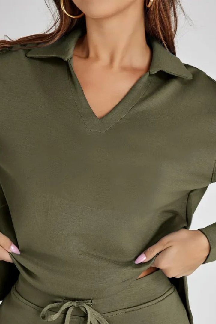 Women's Lounge Set with Collared V Neck Top and Wide Leg Pants