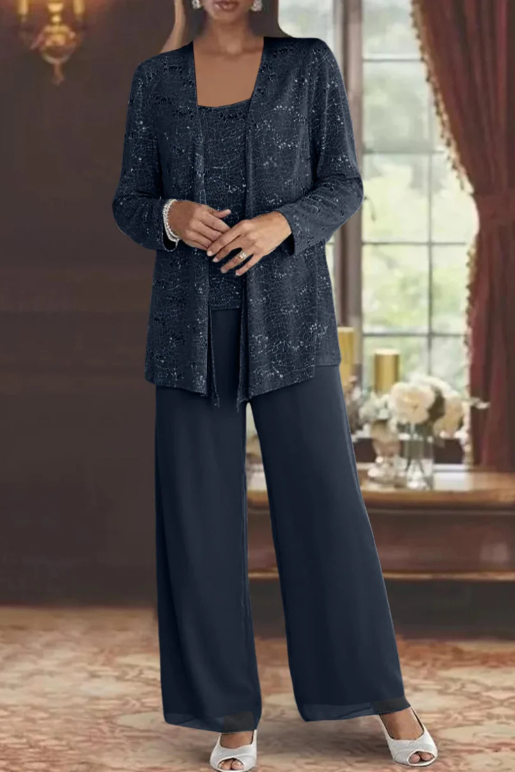 Women's Sequin Lace Three Piece Trouser Suit Wide Leg