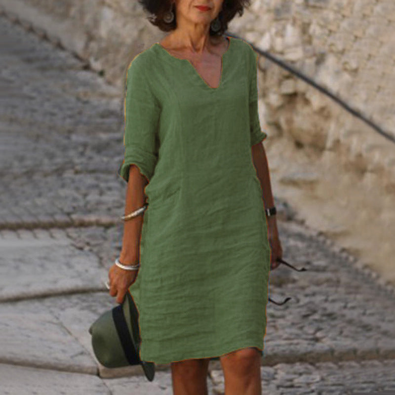 Women's Relaxed Fit Casual V-Neck Linen-Style Midi Dress for Summer - photo 2
