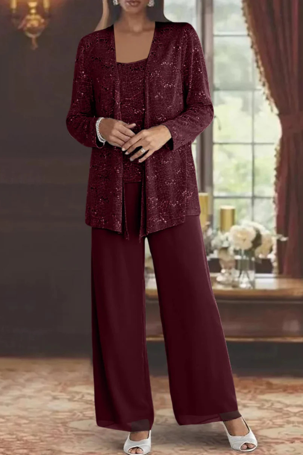 Women's Sequin Lace Three Piece Trouser Suit Wide Leg