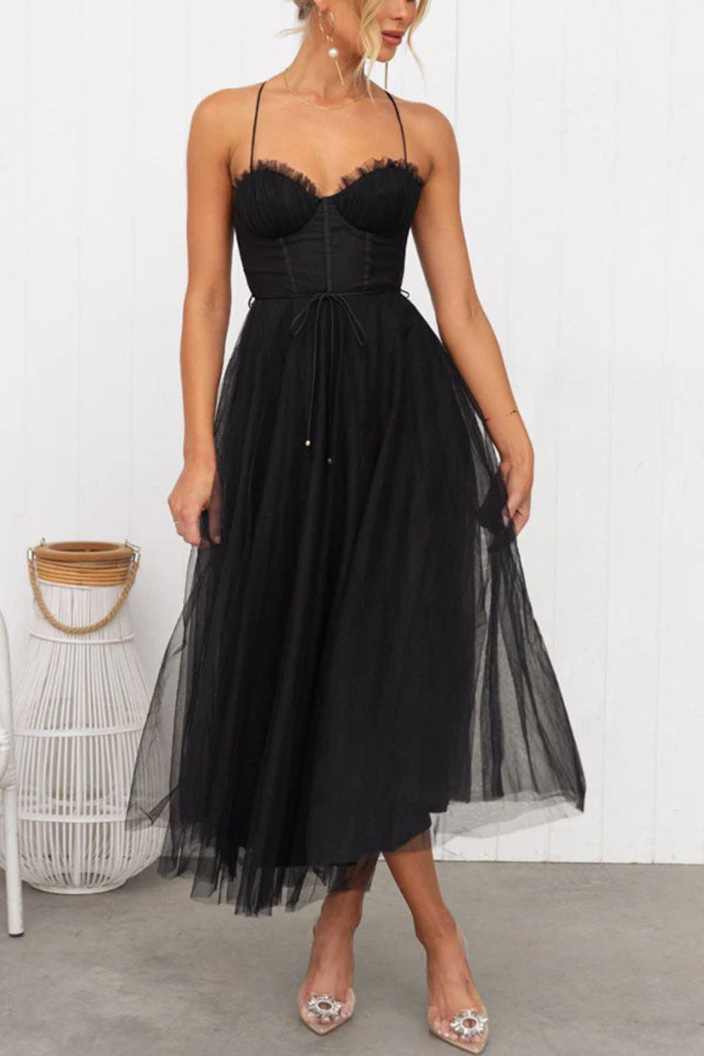 Robe Midi Femme Bustier en Tulle Élégant pour Soirées et Occasions Romantiques