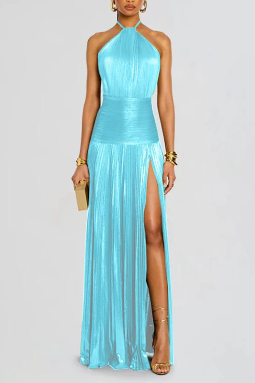Maxi abito elegante da donna in raso con scollo all’americana, ideale per invitate a matrimoni