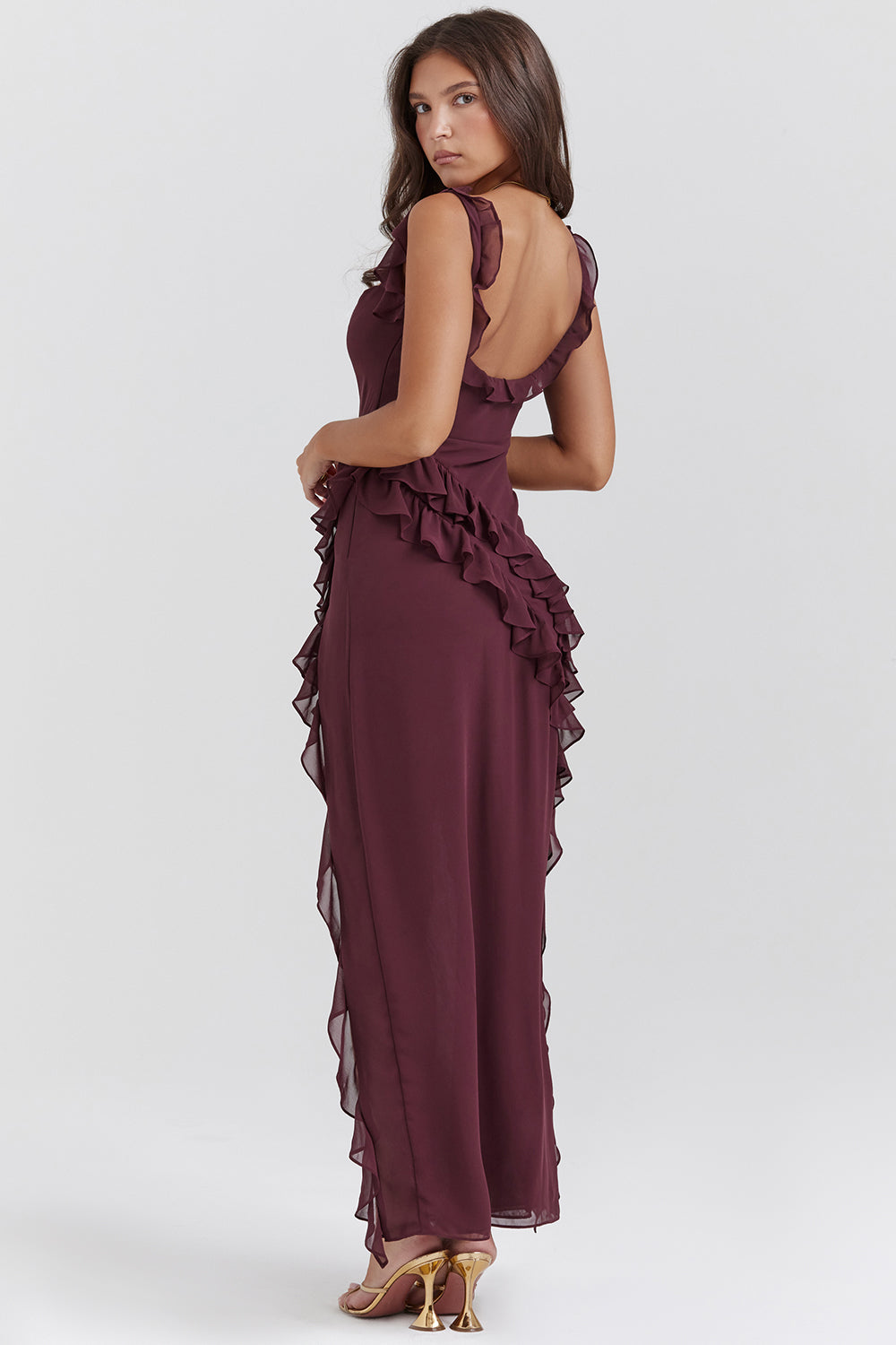 Women's Burgundy Wedding Guest Midi Dress with Flattering Drape - photo 2