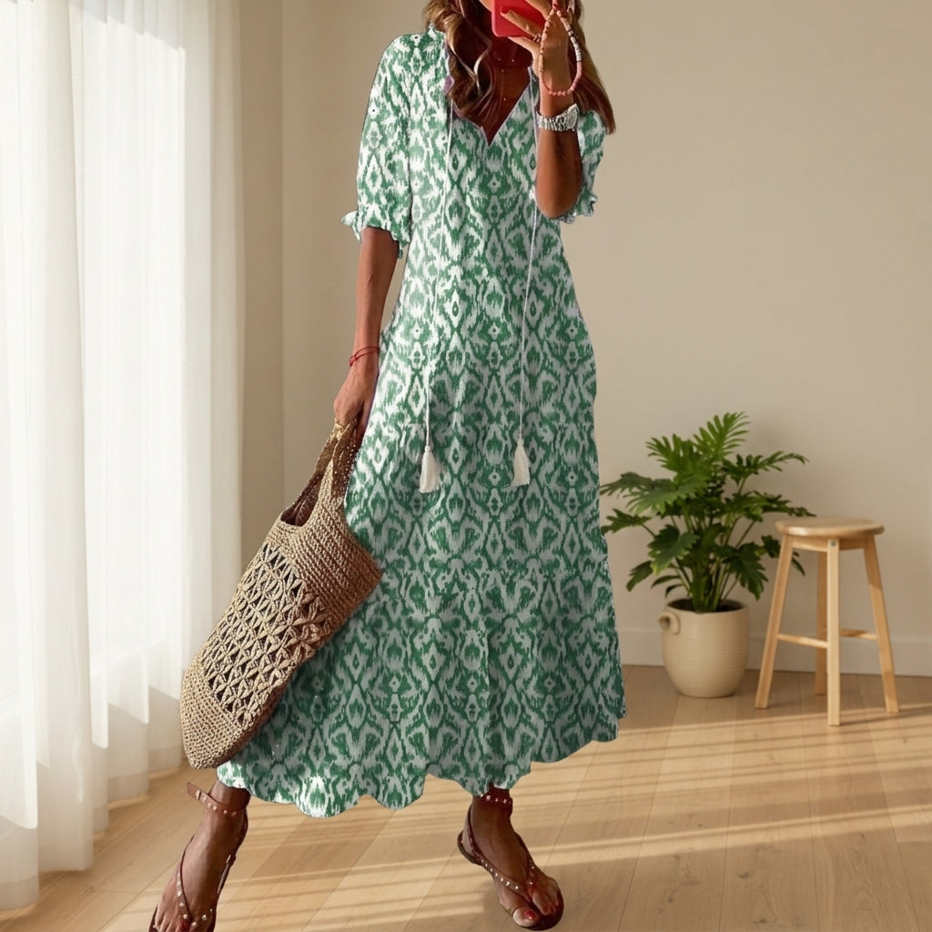 Cortina - Rochie maxi boho pentru femei, cu ciucuri și legătură frontală
