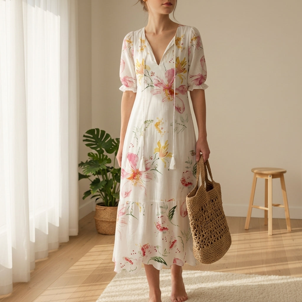 Cortina - Rochie maxi boho pentru femei, cu ciucuri și legătură frontală