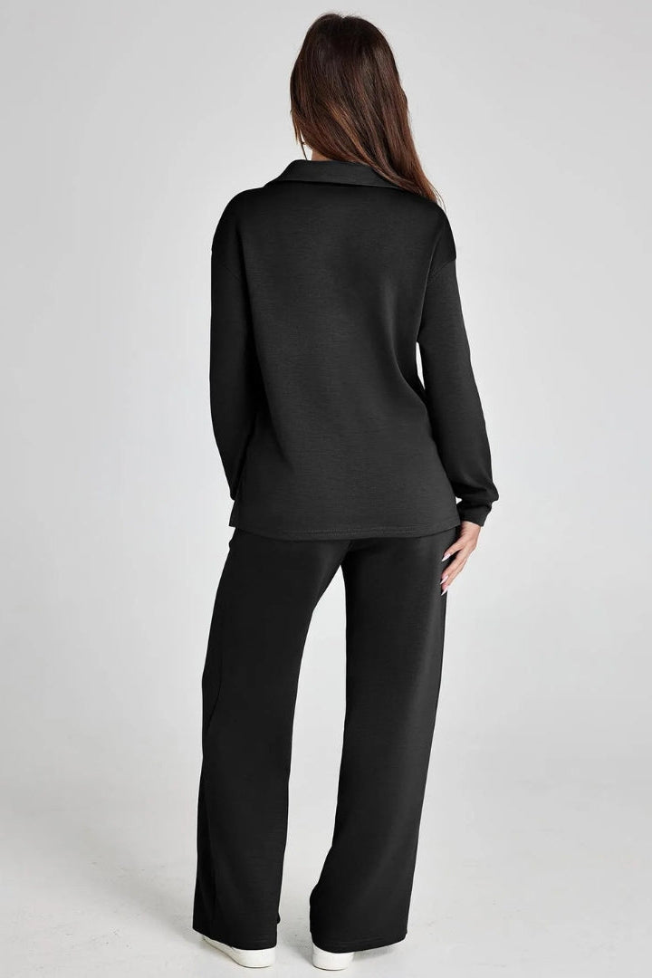 Women's Lounge Set with Collared V Neck Top and Wide Leg Pants