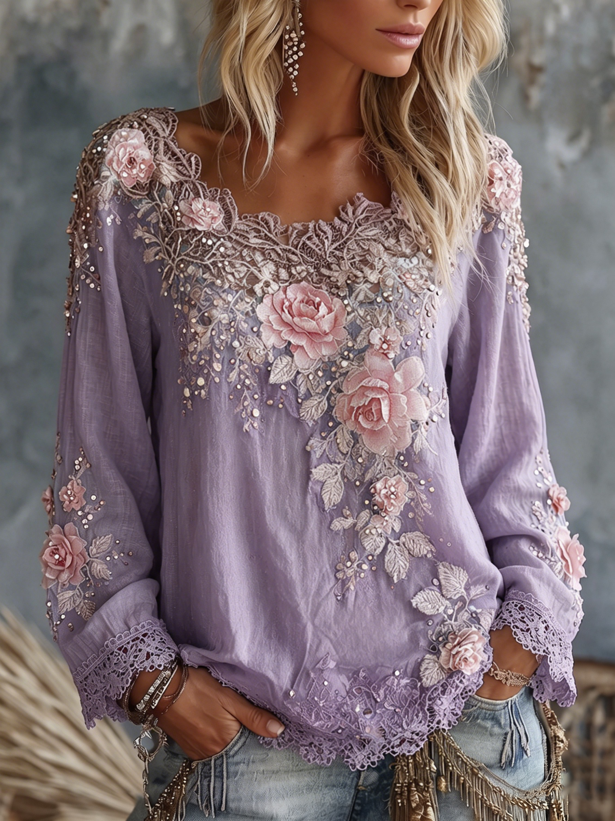 Cardydony - Women's Vintage Floral Crew Neck Long Sleeve Top - photo 4