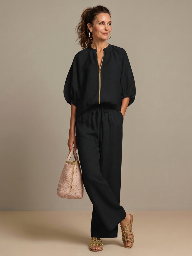 Women's Zip Front Blouson Top Wide Leg Set - photo 13