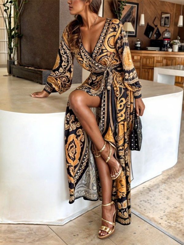 Elegant Bohemian Maxi Dress with Gold Accents and High Slit - photo 1
