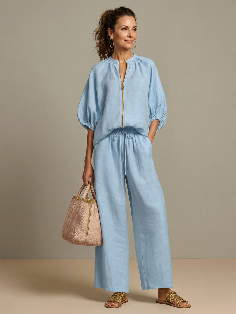 Women's Zip Front Blouson Top Wide Leg Set - photo 1