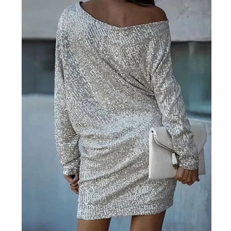 Pearl - Rochie mini de cocktail cu paiete pentru femei, cu mâneci lungi