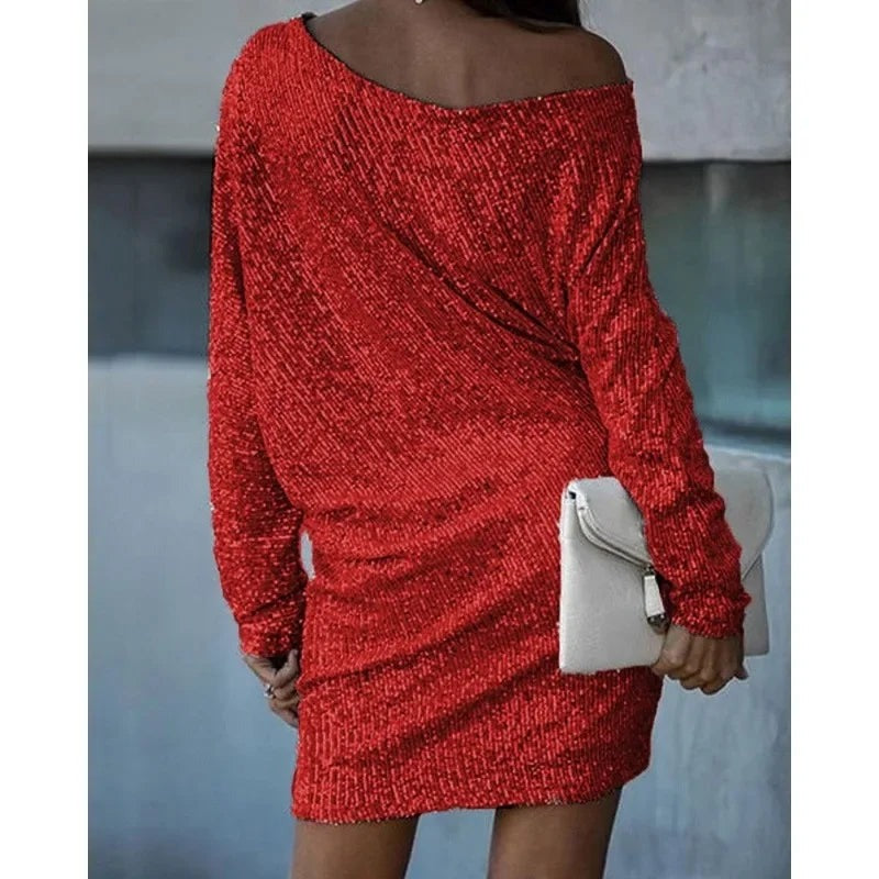 Women's Off-Shoulder Sequin Mini Dress with Batwing Sleeves - photo 2