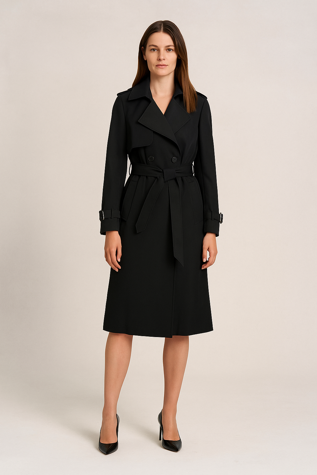 Women's Double Breasted Trench Coat with Detachable Belt - photo 3