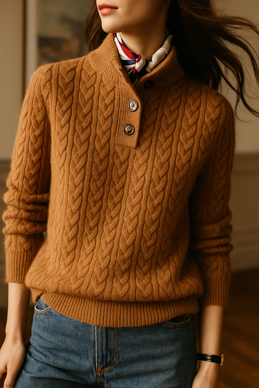 Rhoswen - Women's Cable Knit Jumper with Button Neck