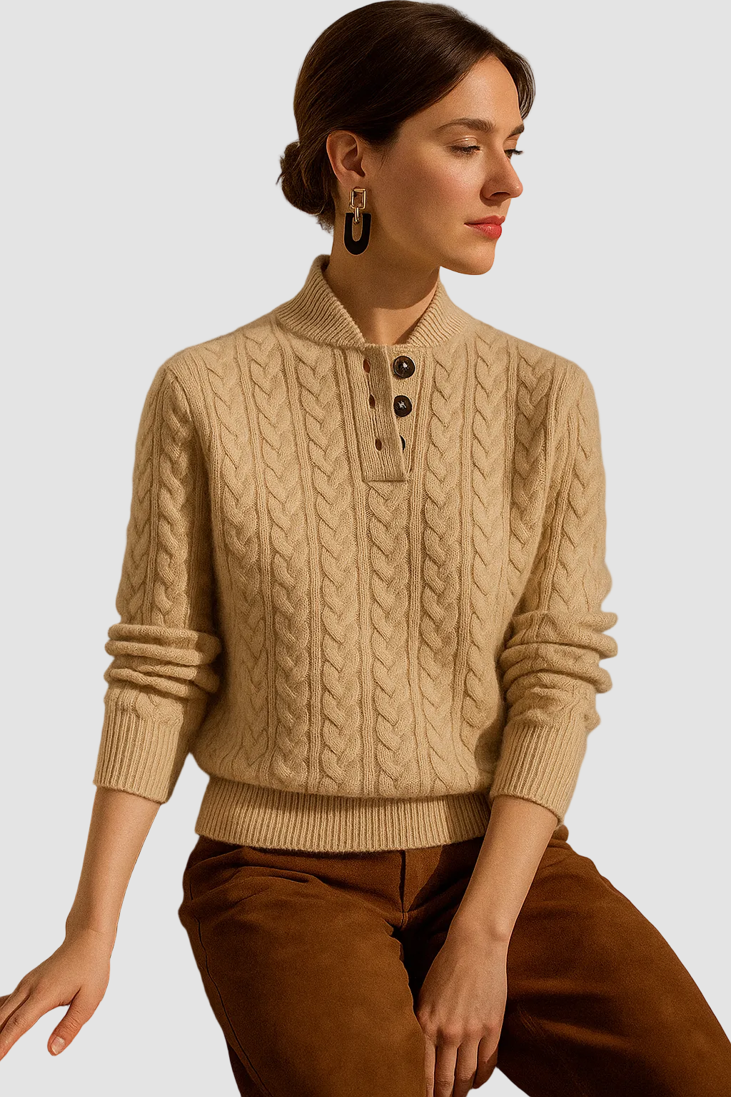 Rhoswen - Women's Cable Knit Jumper with Button Neck