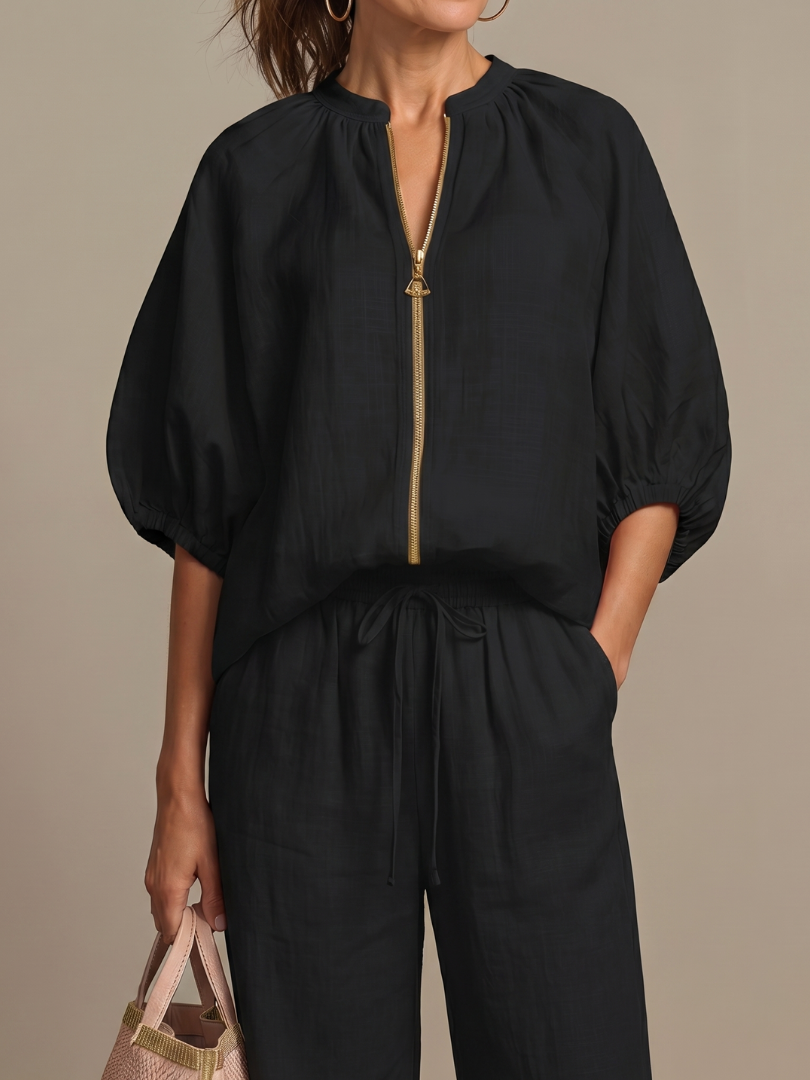 Women's Zip Front Blouson Top Wide Leg Set - photo 16