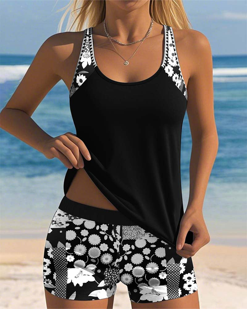 Women's Printed Tankini Set with Swim Shorts