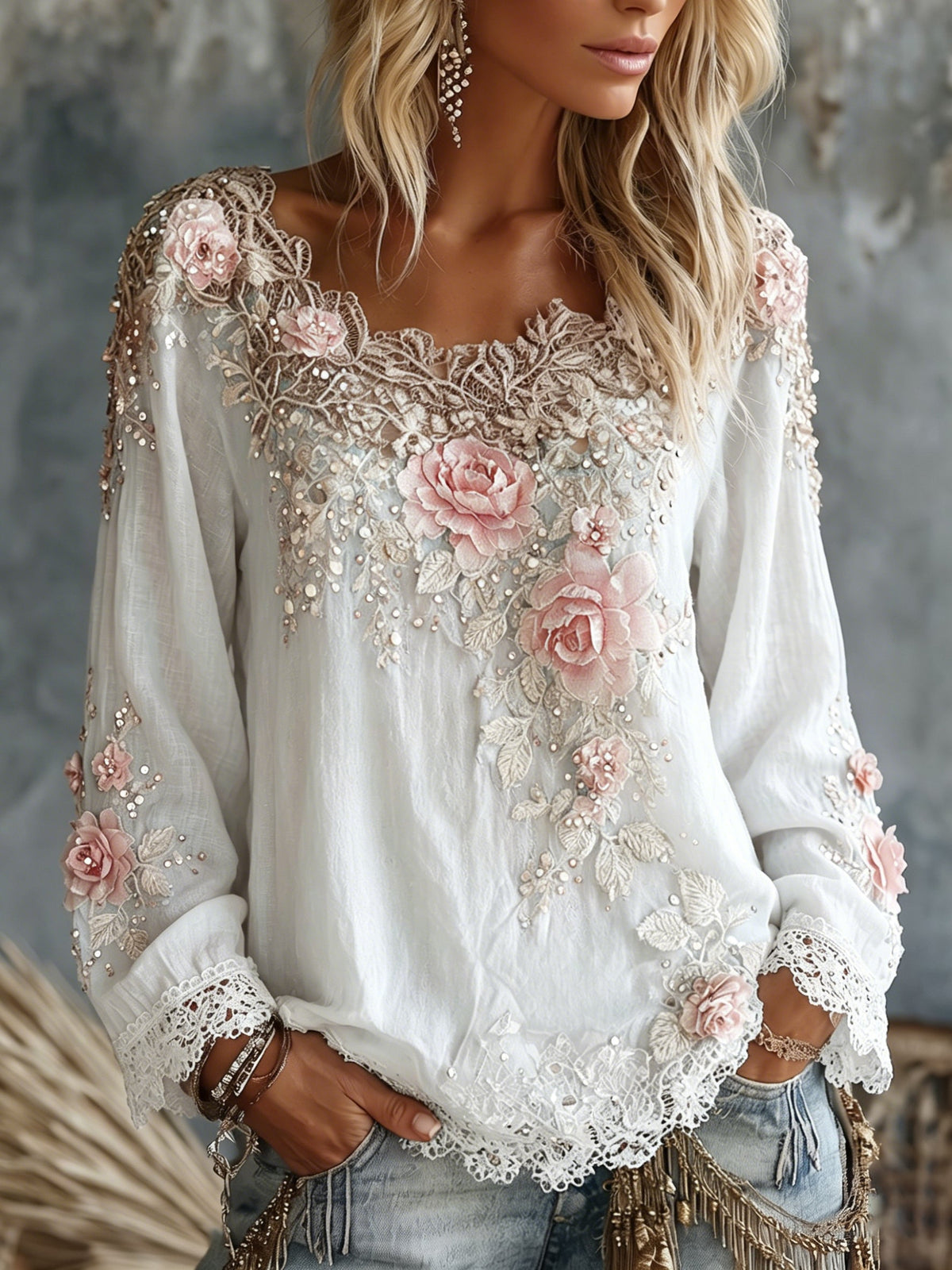 Esmeralda - Women's Vintage Floral Crew Neck Long Sleeve Top - photo 7