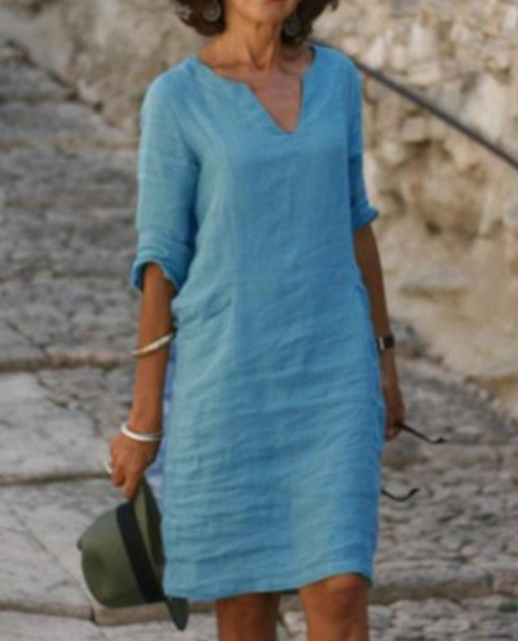 Women's Relaxed Fit Casual V-Neck Linen-Style Midi Dress for Summer
