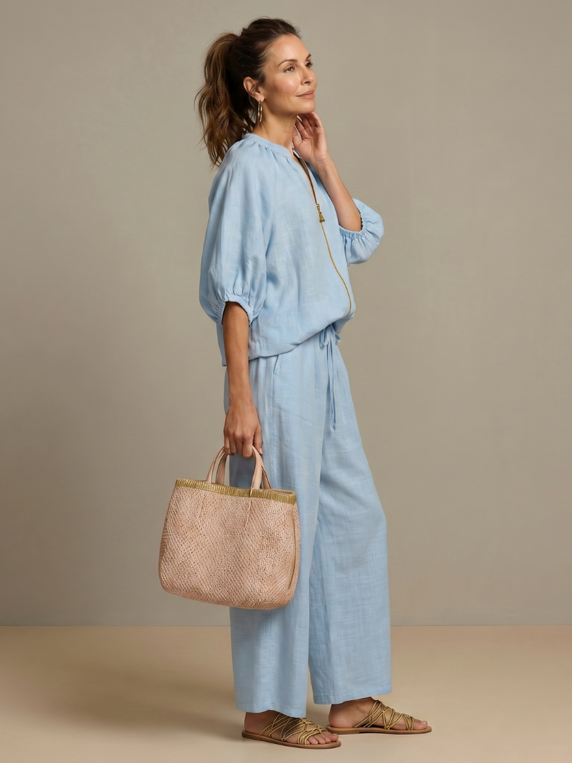 Women's Zip Front Blouson Top Wide Leg Set - photo 2