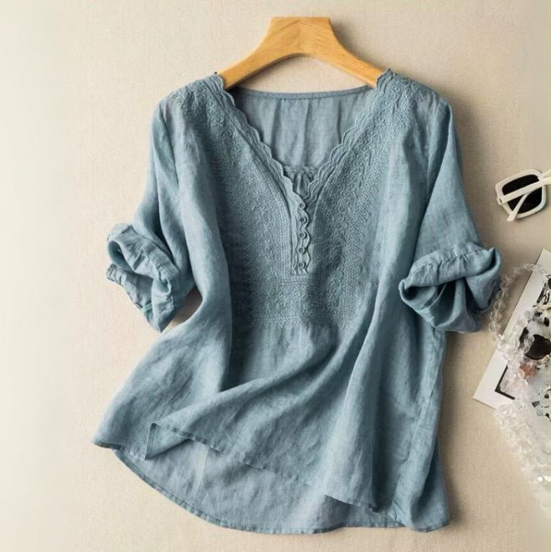Women's Embroidered V-Neck Blouse with Relaxed Fit - photo 4