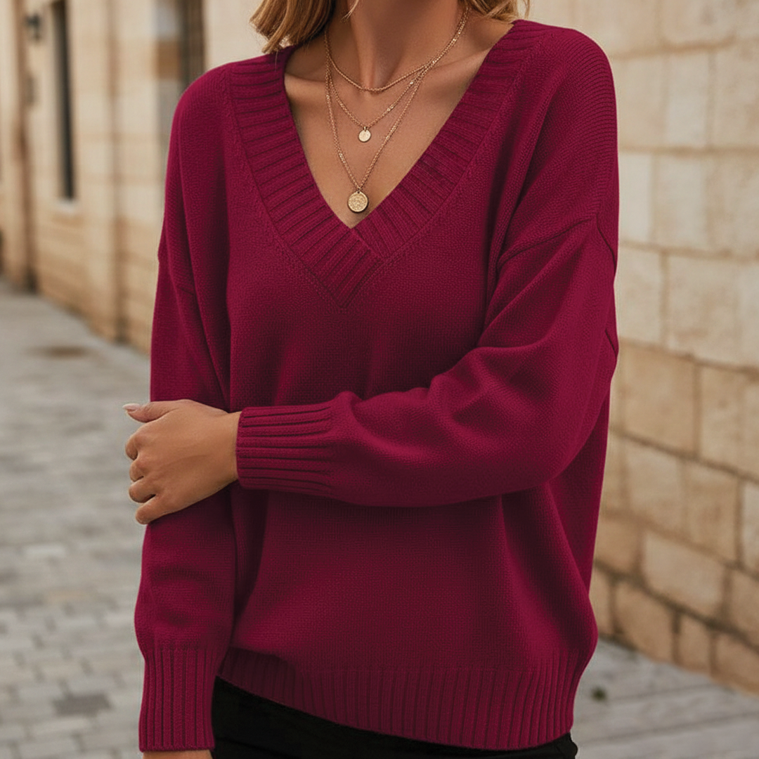 Women's V-Neck Sweater with Fluid Drape