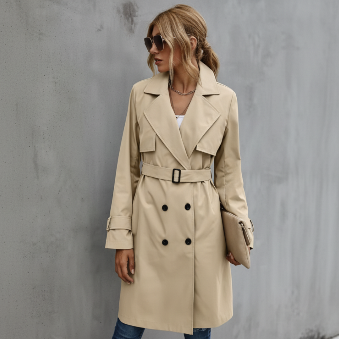 Double Breasted Belted Knee-Length Trench Coat for Women – Timeless Elegant Style