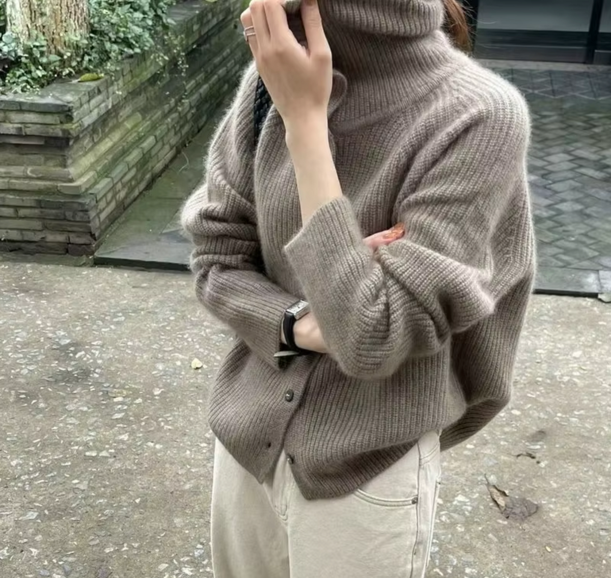 Oonagh - Women's Ribbed Cardigan with Roll Neck