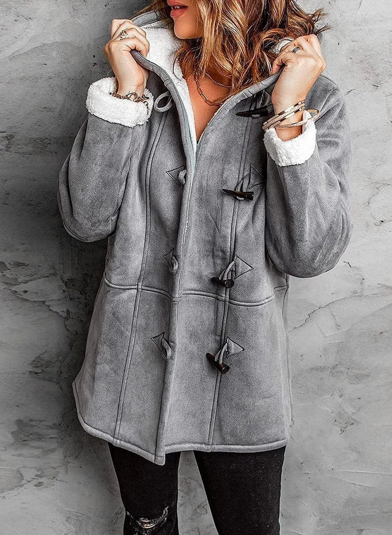 Cappotto da donna con cappuccio in materiale felpato simile al cashmere