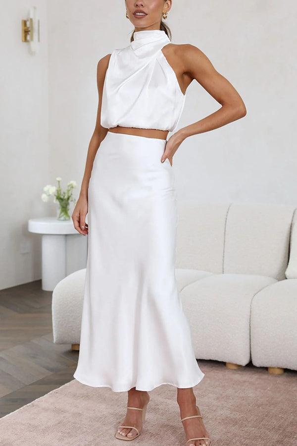 Ensemble Deux Pièces Satiné à Col Halter pour Femme Tenue de Soirée à Dos Nu
