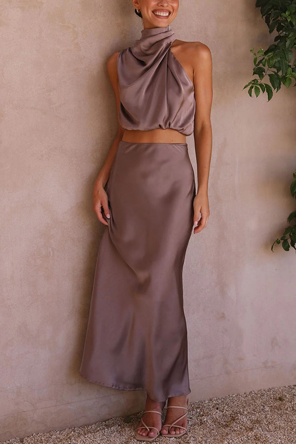 Ensemble Deux Pièces Satiné à Col Halter pour Femme Tenue de Soirée à Dos Nu