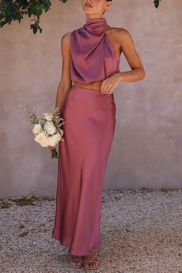 Ensemble Deux Pièces Satiné à Col Halter pour Femme Tenue de Soirée à Dos Nu