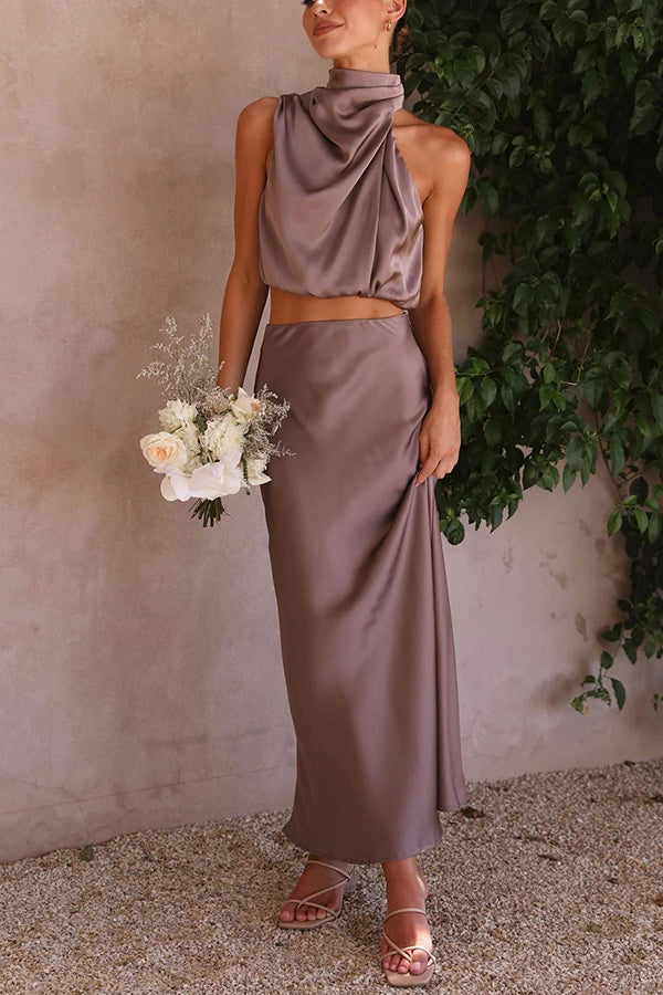 Ensemble Deux Pièces Satiné à Col Halter pour Femme Tenue de Soirée à Dos Nu