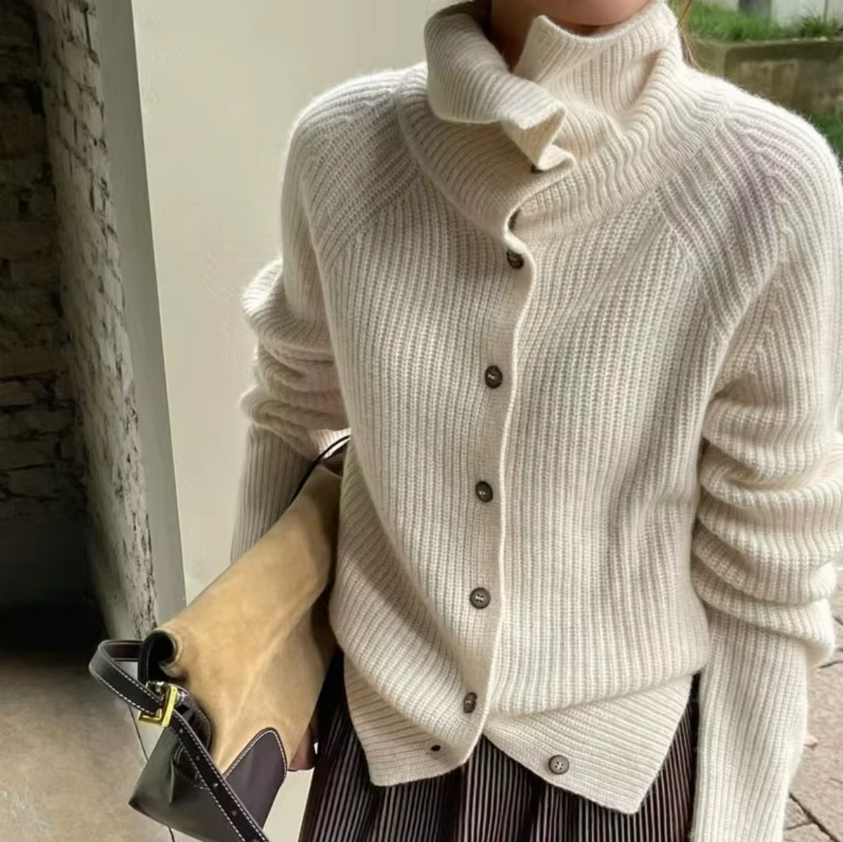 Oonagh - Women's Ribbed Cardigan with Roll Neck
