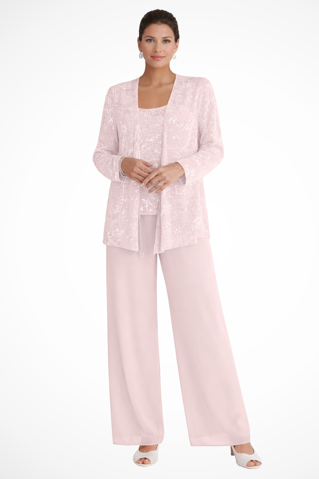 Women's Sequin Lace Three Piece Trouser Suit Wide Leg