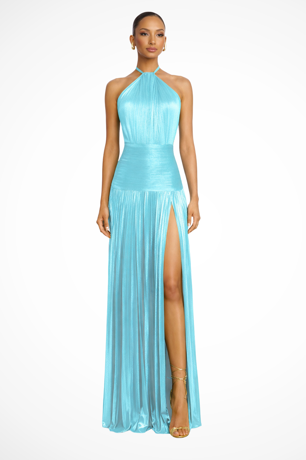 Maxi abito elegante da donna in raso con scollo all’americana, ideale per invitate a matrimoni